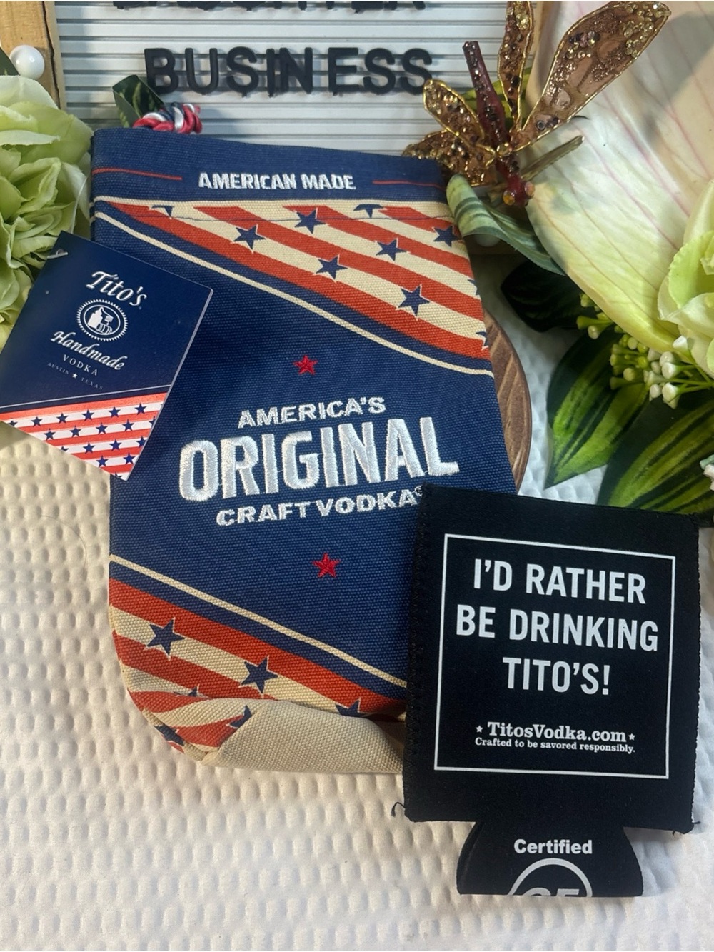 Titos Handmade Vodka 2024 Bottle Bag Canvas USA Patriotic Embroidered With Cozie